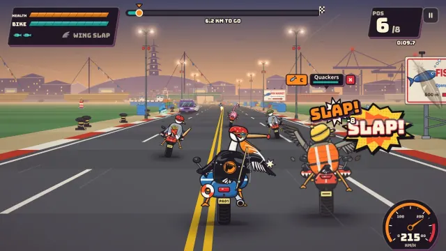 Mid-race brawl: the pelican's wing slap lands on the rival riding beside it, with a comic hit burst.