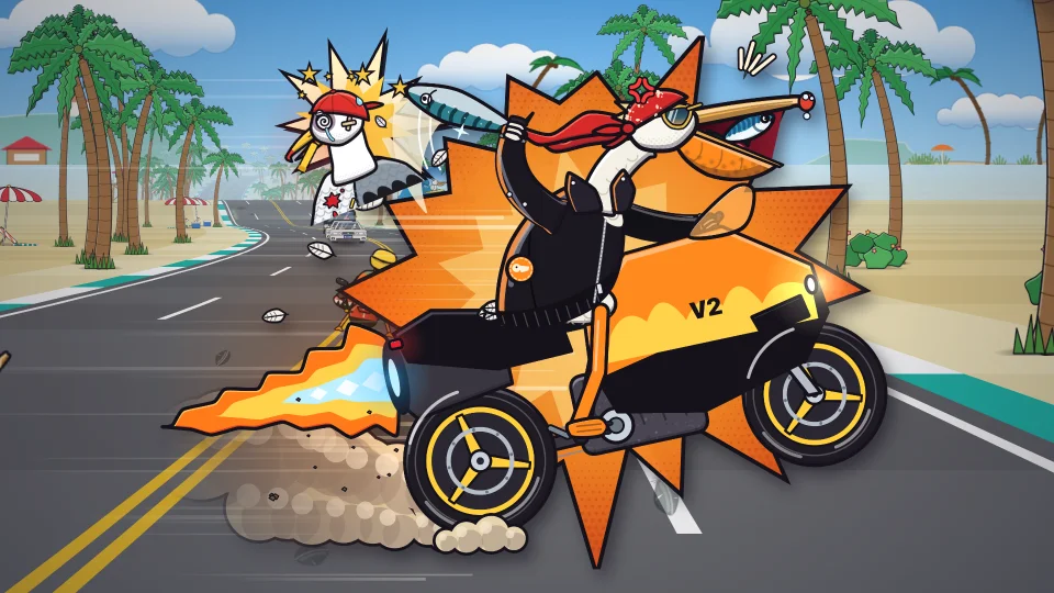 A pelican on a motorbike racing a pack of rival birds down a sunny coast road.